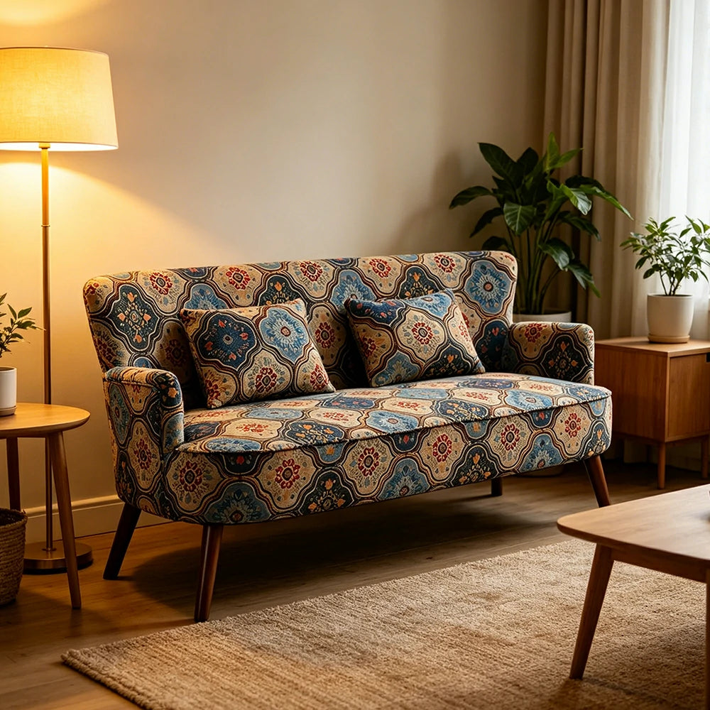 LIVARA Vintage Peony Fabric Sofa with Solid Wood Legs for Living Room - Blue