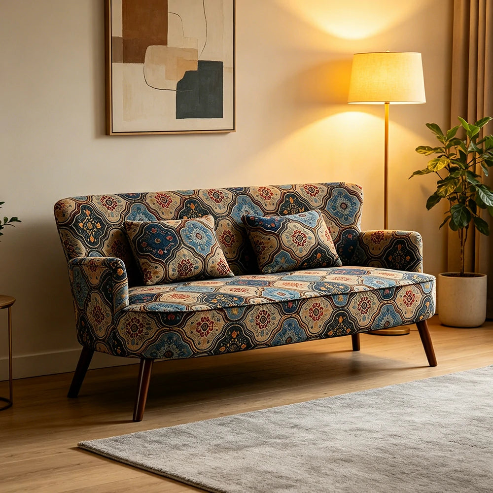 LIVARA Vintage Peony Fabric Sofa with Solid Wood Legs for Living Room - Blue
