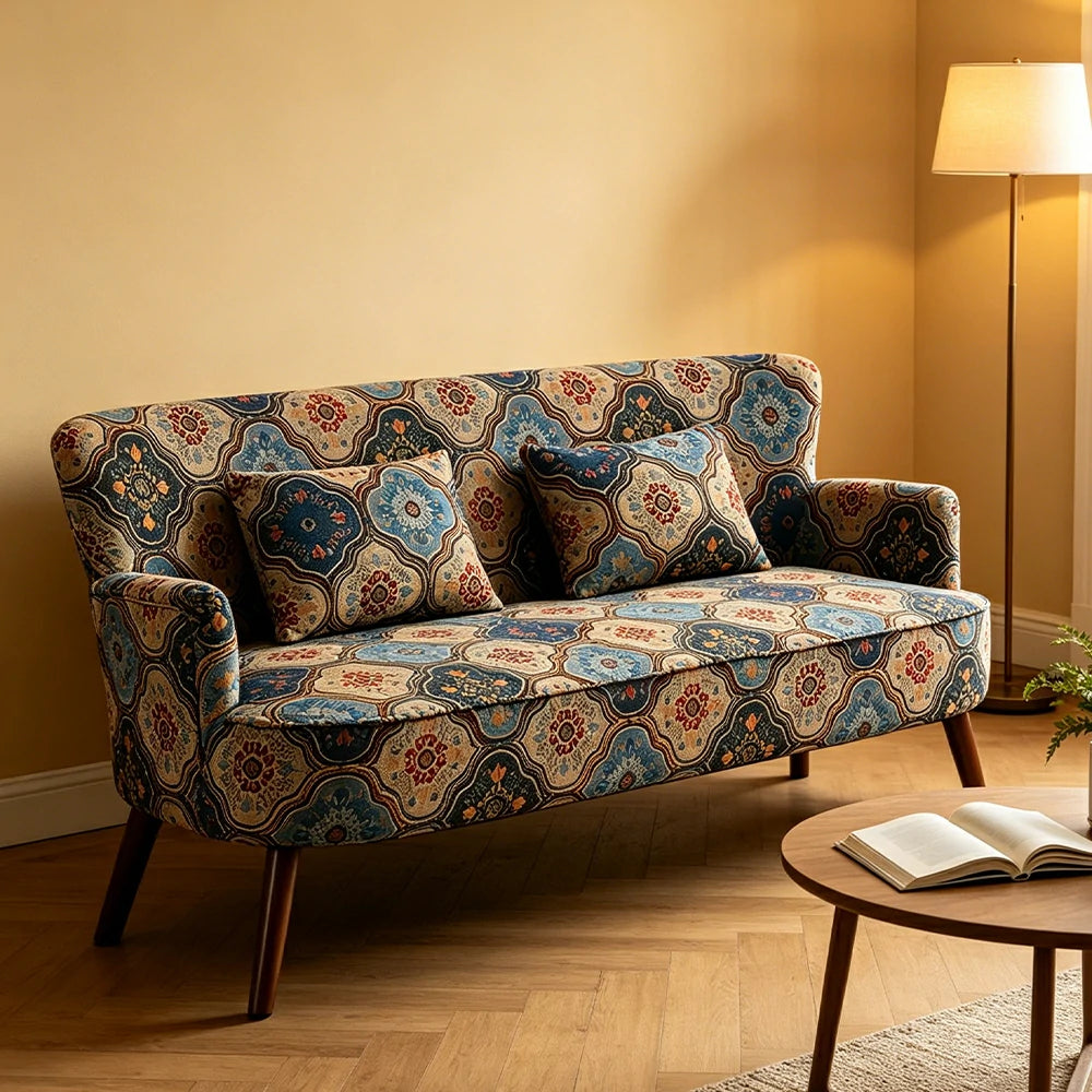 LIVARA Vintage Peony Fabric Sofa with Solid Wood Legs for Living Room - Blue