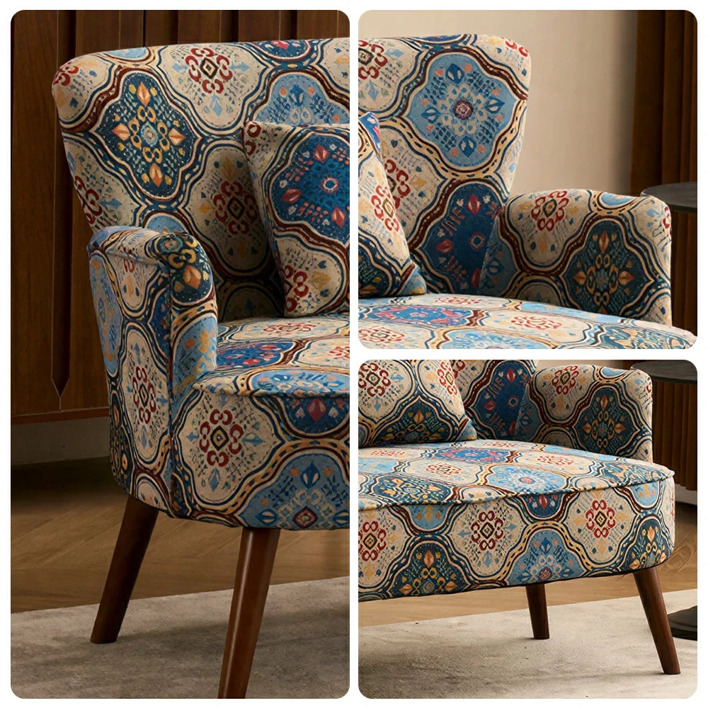 LIVARA Vintage Peony Fabric Sofa with Solid Wood Legs for Living Room - Blue