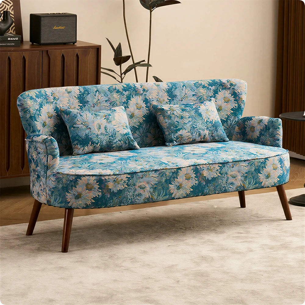 LIVARA Vintage Peony Fabric Sofa with Solid Wood Legs for Living Room - Light Blue.