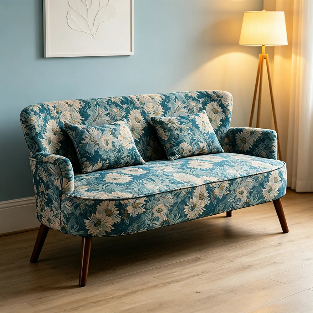 LIVARA Vintage Peony Fabric Sofa with Solid Wood Legs for Living Room - Light Blue.