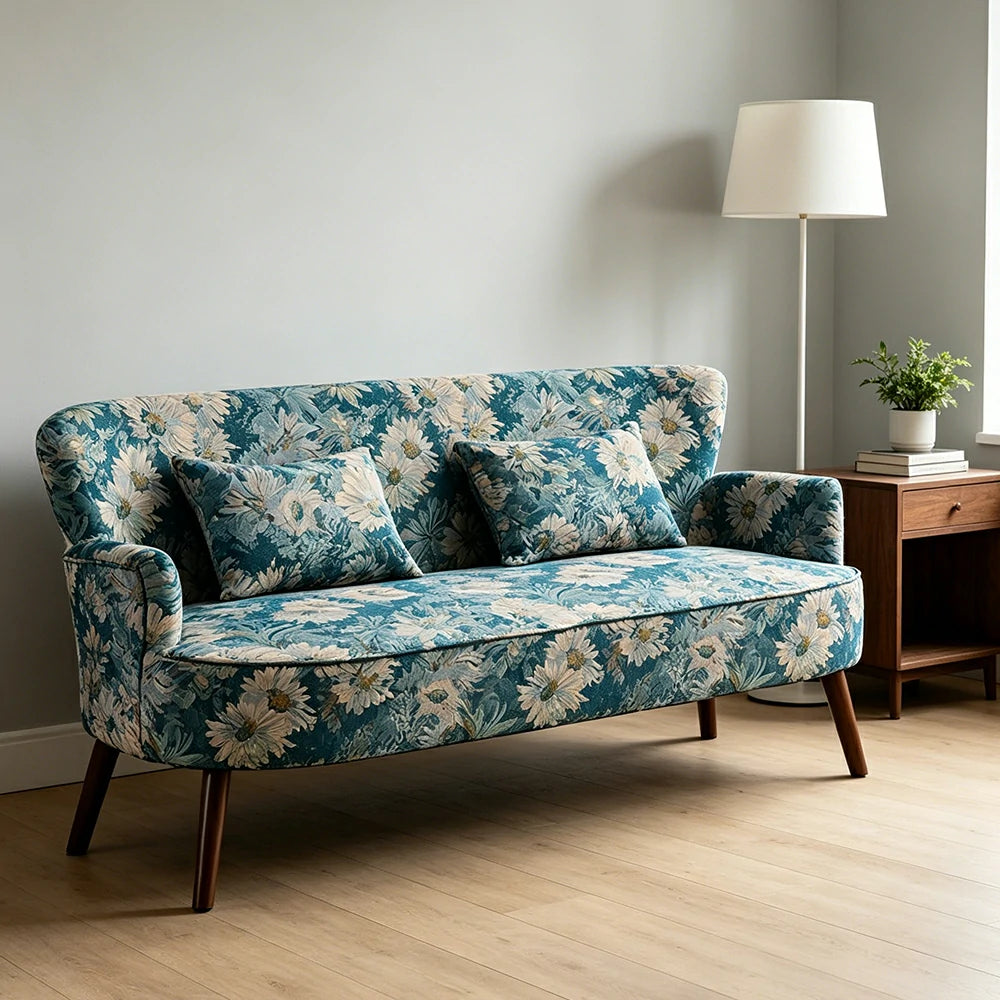 LIVARA Vintage Peony Fabric Sofa with Solid Wood Legs for Living Room - Light Blue.