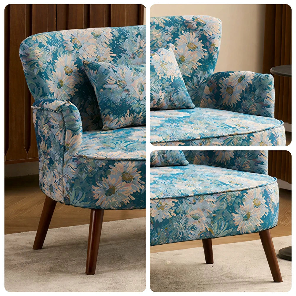 LIVARA Vintage Peony Fabric Sofa with Solid Wood Legs for Living Room - Light Blue.