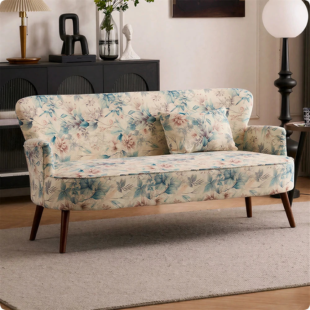 LIVARA Vintage Peony Fabric Sofa with Solid Wood Legs for Living Room - White