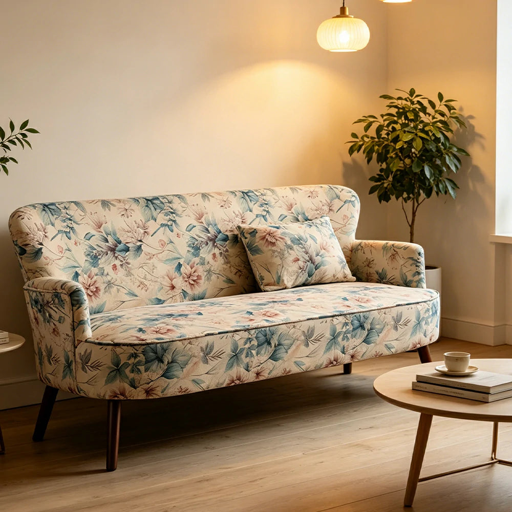 LIVARA Vintage Peony Fabric Sofa with Solid Wood Legs for Living Room - White