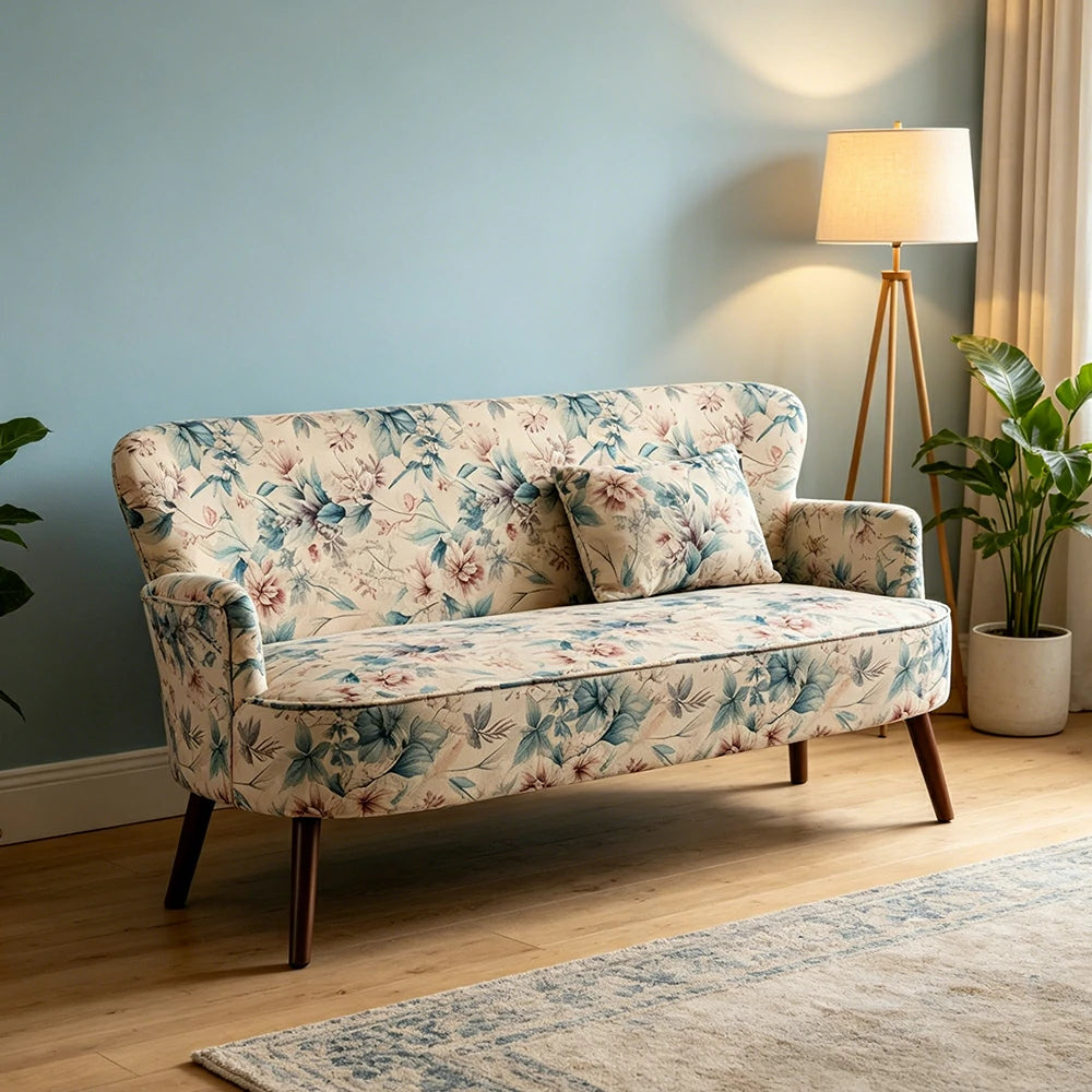 LIVARA Vintage Peony Fabric Sofa with Solid Wood Legs for Living Room - White