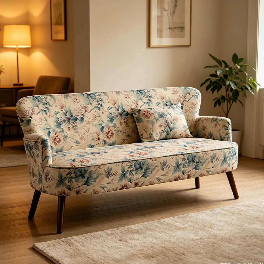 LIVARA Vintage Peony Fabric Sofa with Solid Wood Legs for Living Room - White