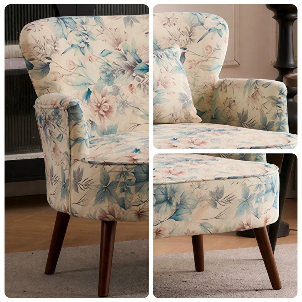 LIVARA Vintage Peony Fabric Sofa with Solid Wood Legs for Living Room - White