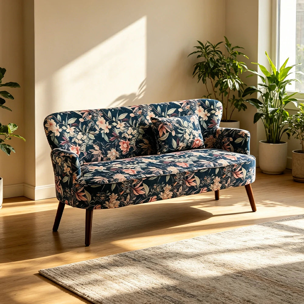 LIVARA Vintage Peony Fabric Sofa with Solid Wood Legs for Living Room - Dark Blue