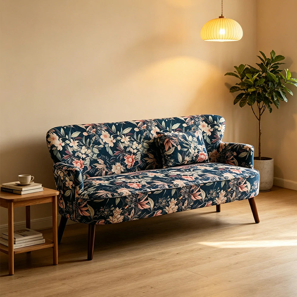 LIVARA Vintage Peony Fabric Sofa with Solid Wood Legs for Living Room - Dark Blue