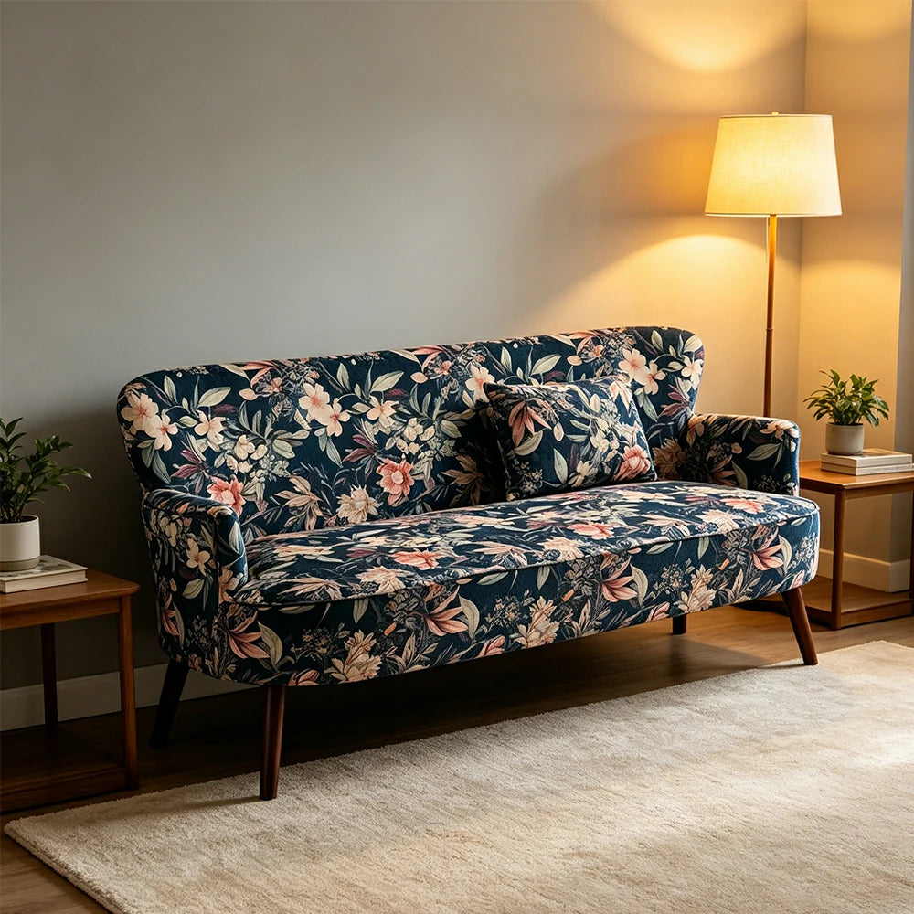 LIVARA Vintage Peony Fabric Sofa with Solid Wood Legs for Living Room - Dark Blue