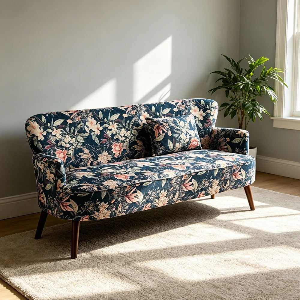 LIVARA Vintage Peony Fabric Sofa with Solid Wood Legs for Living Room - Dark Blue