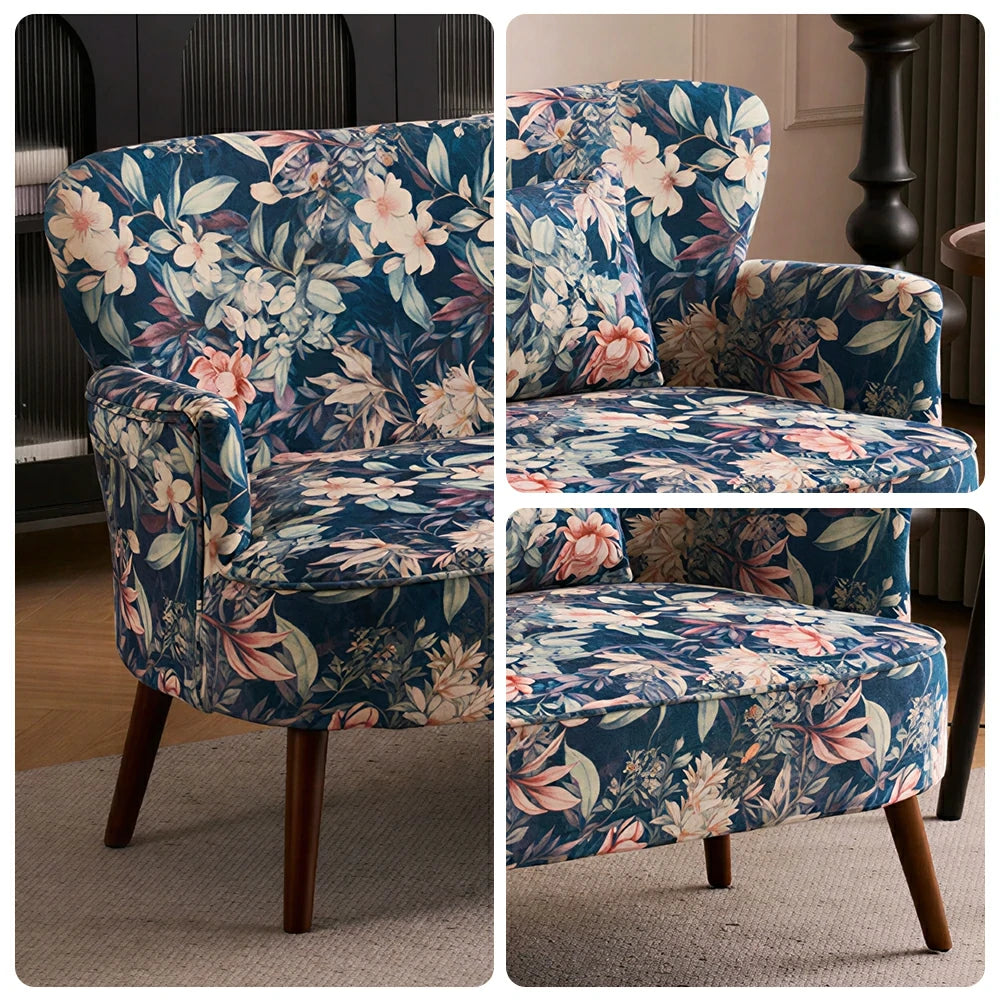 LIVARA Vintage Peony Fabric Sofa with Solid Wood Legs for Living Room - Dark Blue