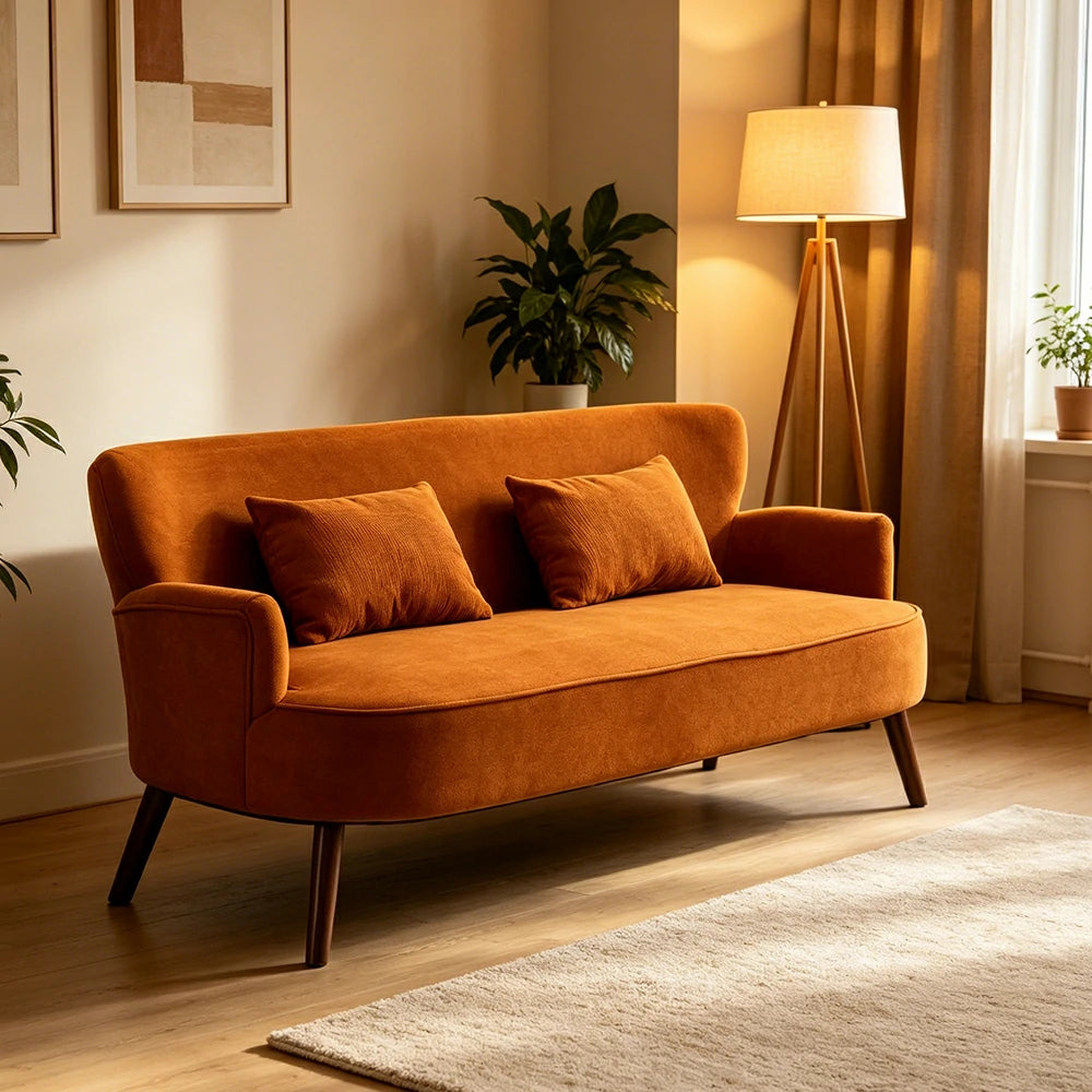 LIVARA Vintage Peony Fabric Sofa with Solid Wood Legs for Living Room - Caramel Brown