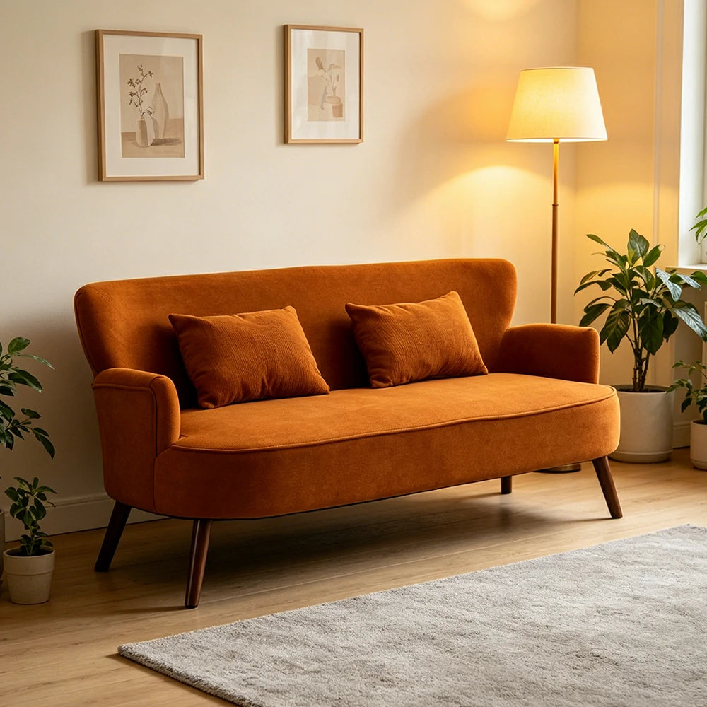 LIVARA Vintage Peony Fabric Sofa with Solid Wood Legs for Living Room - Caramel Brown