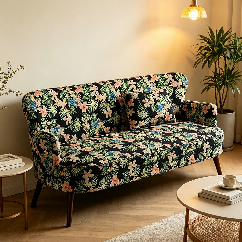 LIVARA Vintage Peony Fabric Sofa with Solid Wood Legs for Living Room - Blue Patterned