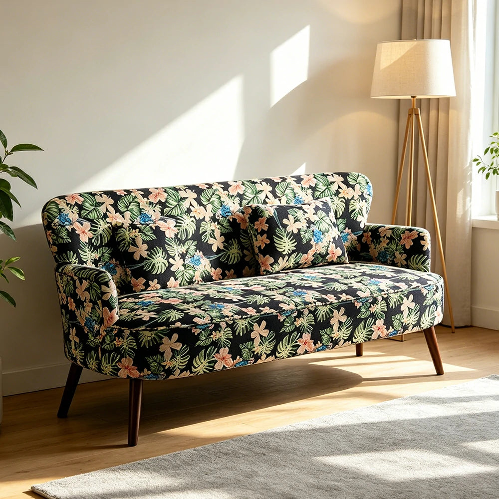 LIVARA Vintage Peony Fabric Sofa with Solid Wood Legs for Living Room - Blue Patterned