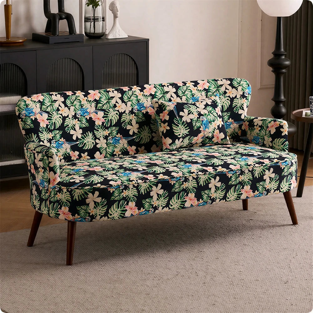 LIVARA Vintage Peony Fabric Sofa with Solid Wood Legs for Living Room - Blue Patterned