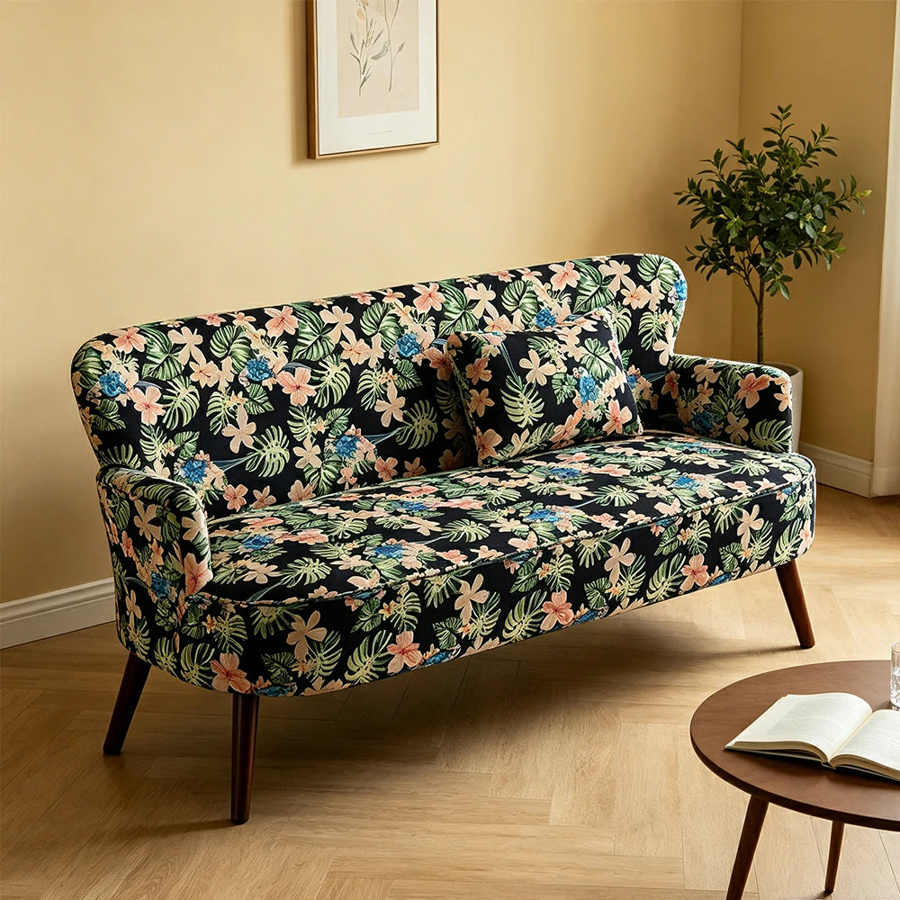 LIVARA Vintage Peony Fabric Sofa with Solid Wood Legs for Living Room - Blue Patterned
