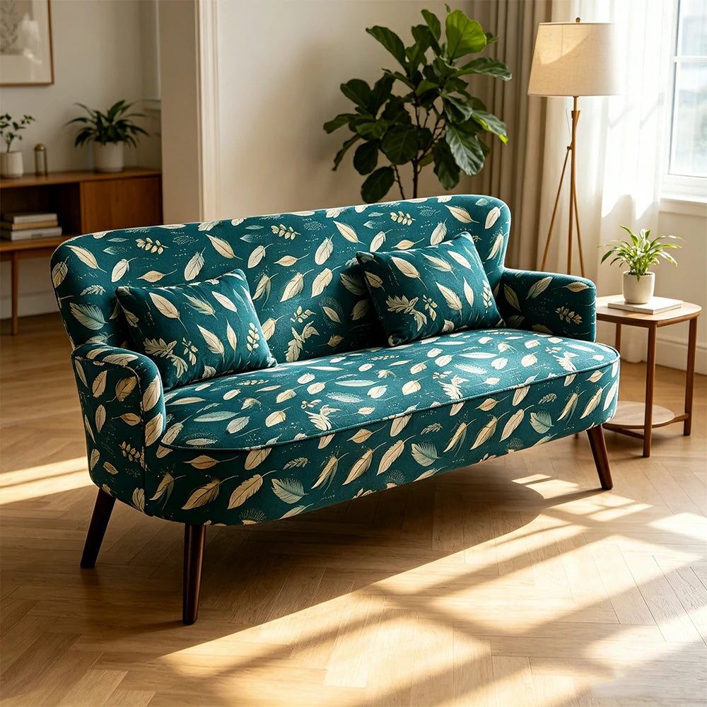 LIVARA Vintage Peony Fabric Sofa with Solid Wood Legs for Living Room - Cyan
