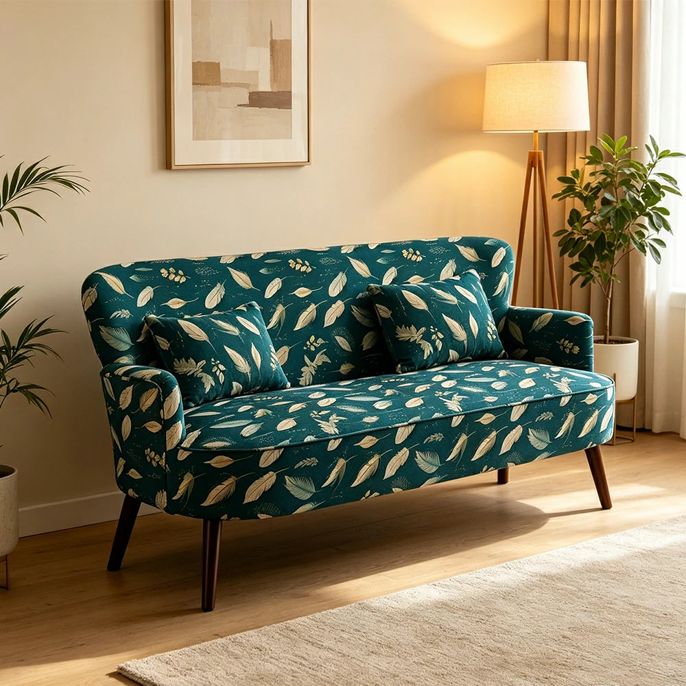 LIVARA Vintage Peony Fabric Sofa with Solid Wood Legs for Living Room - Cyan