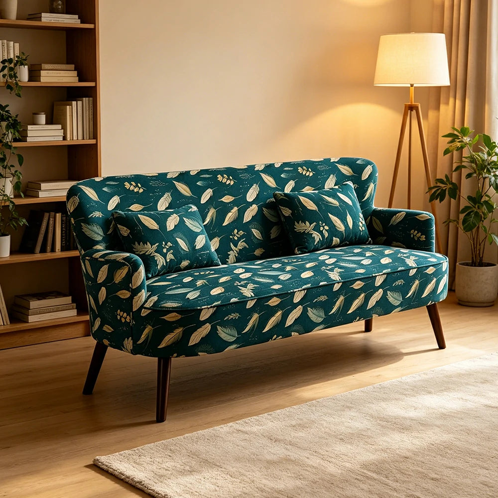 LIVARA Vintage Peony Fabric Sofa with Solid Wood Legs for Living Room - Cyan