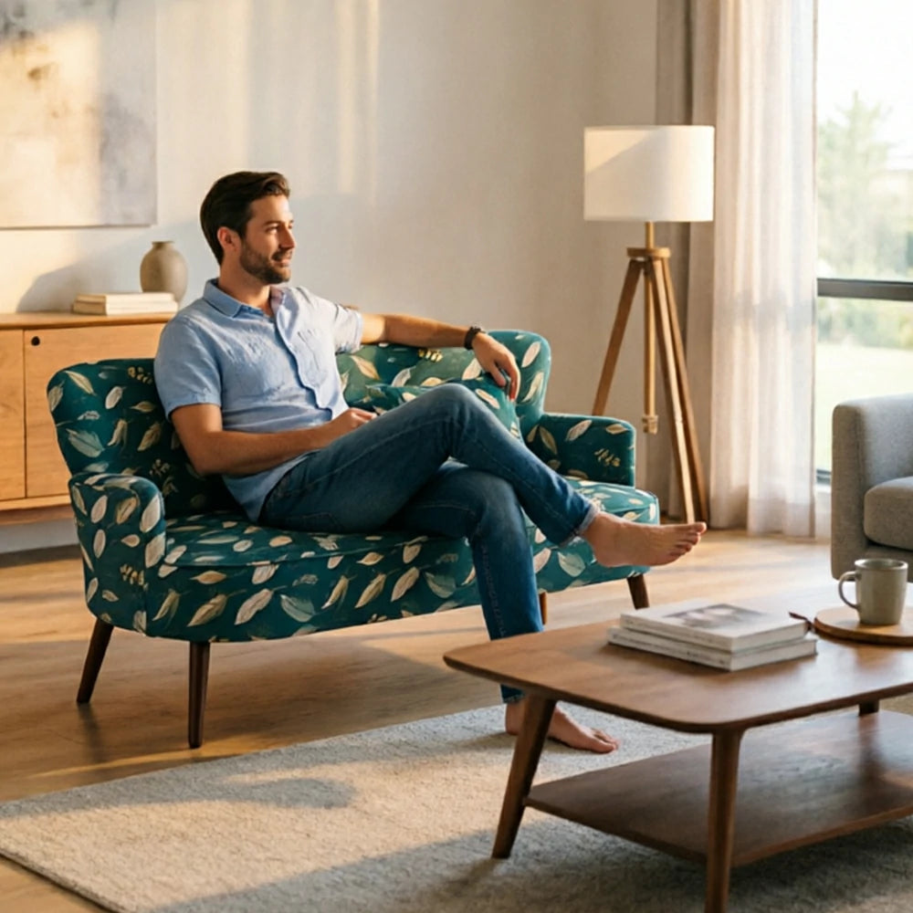 LIVARA Vintage Peony Fabric Sofa with Solid Wood Legs for Living Room - Cyan