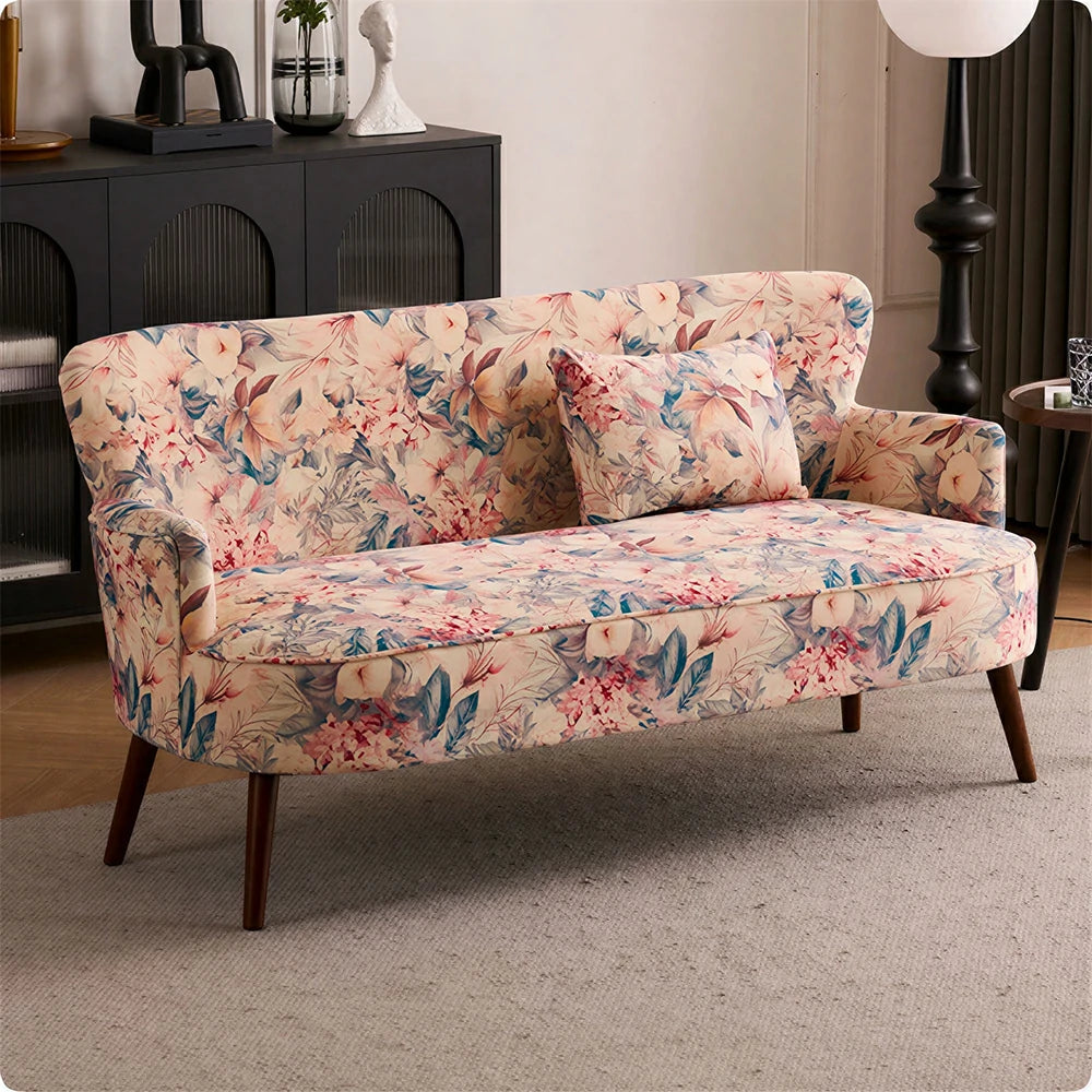 LIVARA Vintage Peony Fabric Sofa with Solid Wood Legs for Living Room - Light Pink