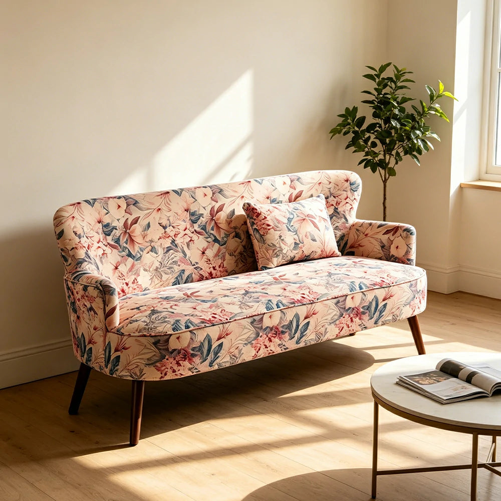 LIVARA Vintage Peony Fabric Sofa with Solid Wood Legs for Living Room - Light Pink