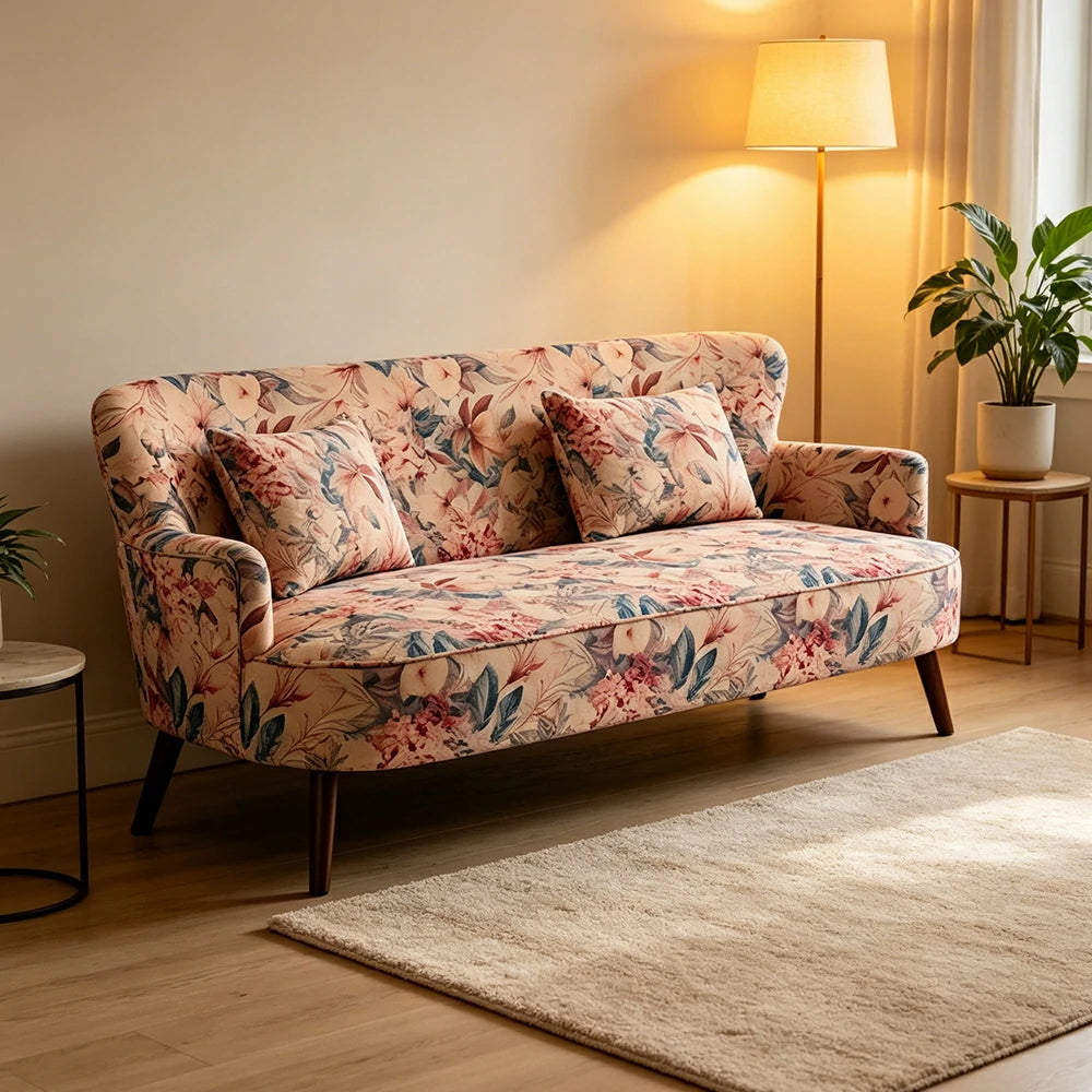 LIVARA Vintage Peony Fabric Sofa with Solid Wood Legs for Living Room - Light Pink