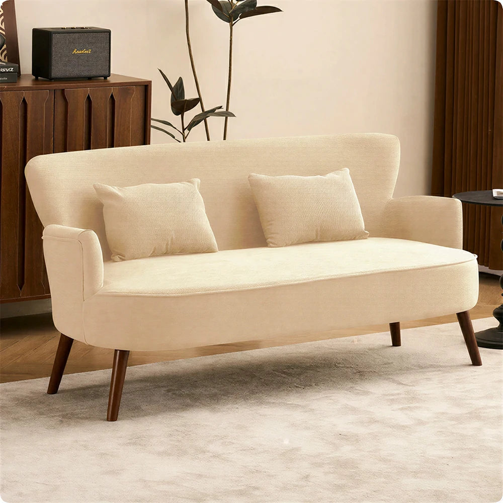 LIVARA Vintage Peony Fabric Sofa with Solid Wood Legs for Living Room - Cream White