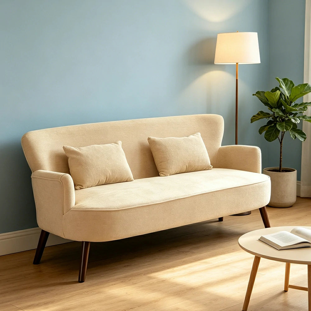 LIVARA Vintage Peony Fabric Sofa with Solid Wood Legs for Living Room - Cream White