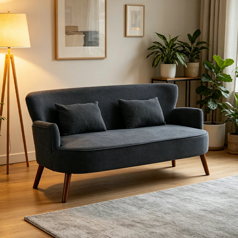 LIVARA Vintage Peony Fabric Sofa with Solid Wood Legs for Living Room - Dark Grey