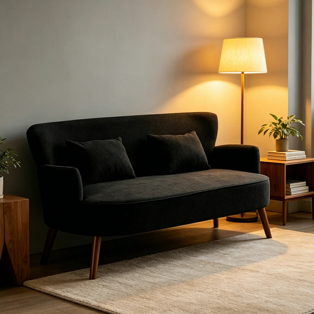 LIVARA Vintage Peony Fabric Sofa with Solid Wood Legs for Living Room - Black