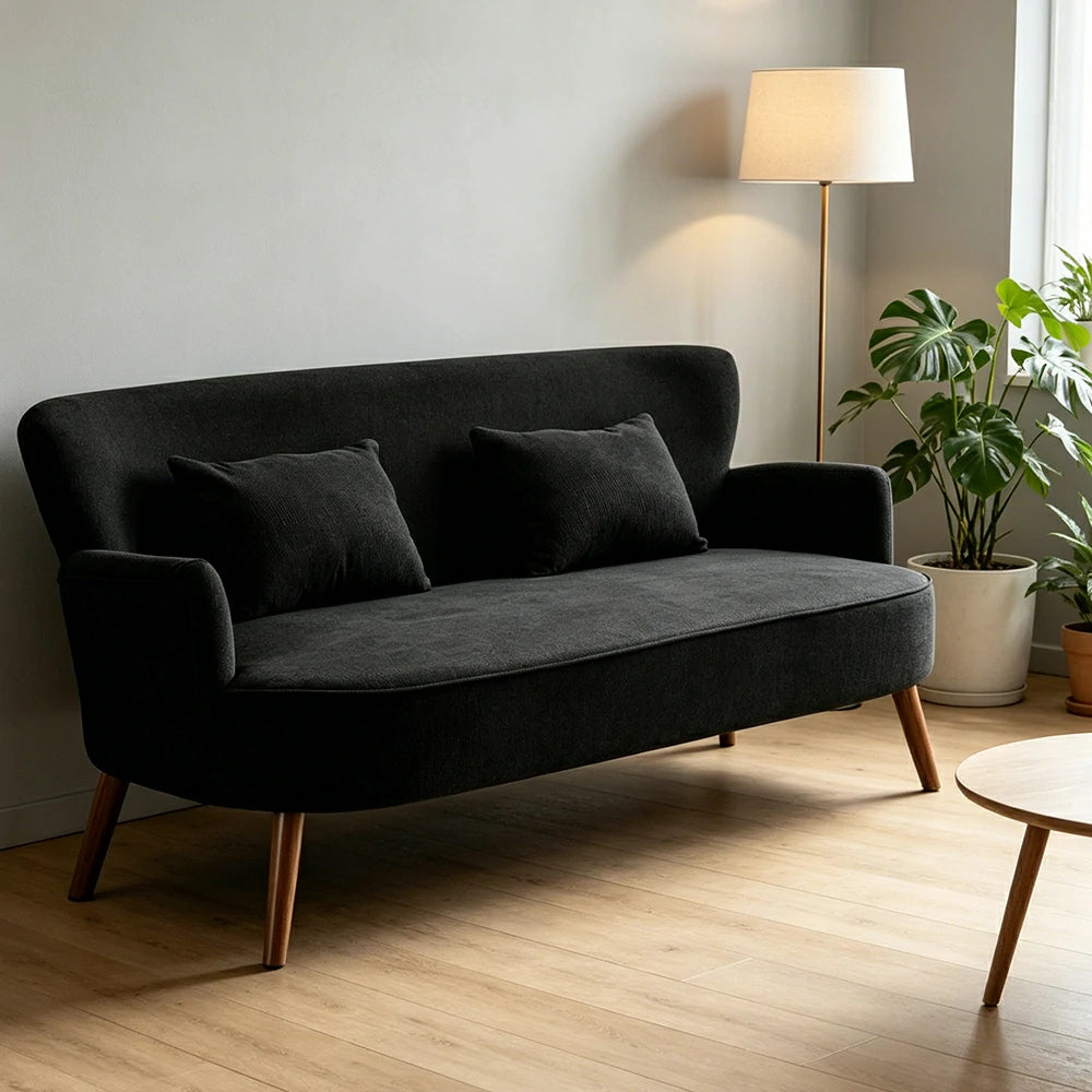 LIVARA Vintage Peony Fabric Sofa with Solid Wood Legs for Living Room - Black