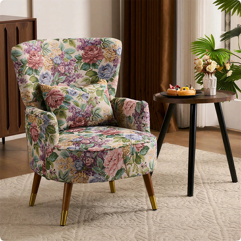 LIVARA High Back Vintage Peony Lounge Chair with Solid Wood Legs for Living Room - Blue Floral