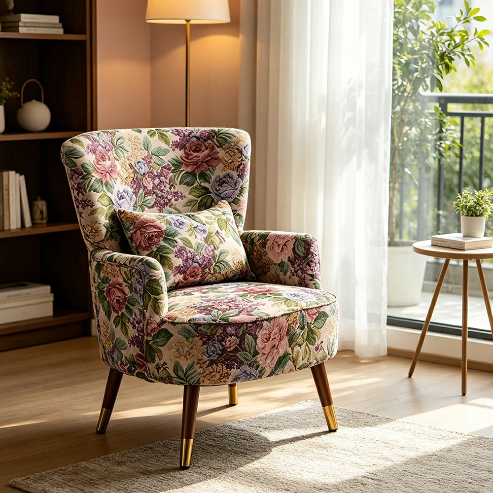 LIVARA High Back Vintage Peony Lounge Chair with Solid Wood Legs for Living Room - Blue Floral