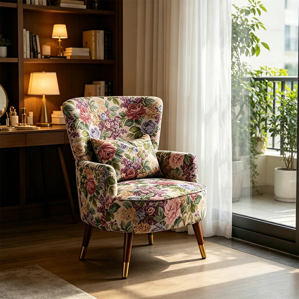 LIVARA High Back Vintage Peony Lounge Chair with Solid Wood Legs for Living Room - Blue Floral