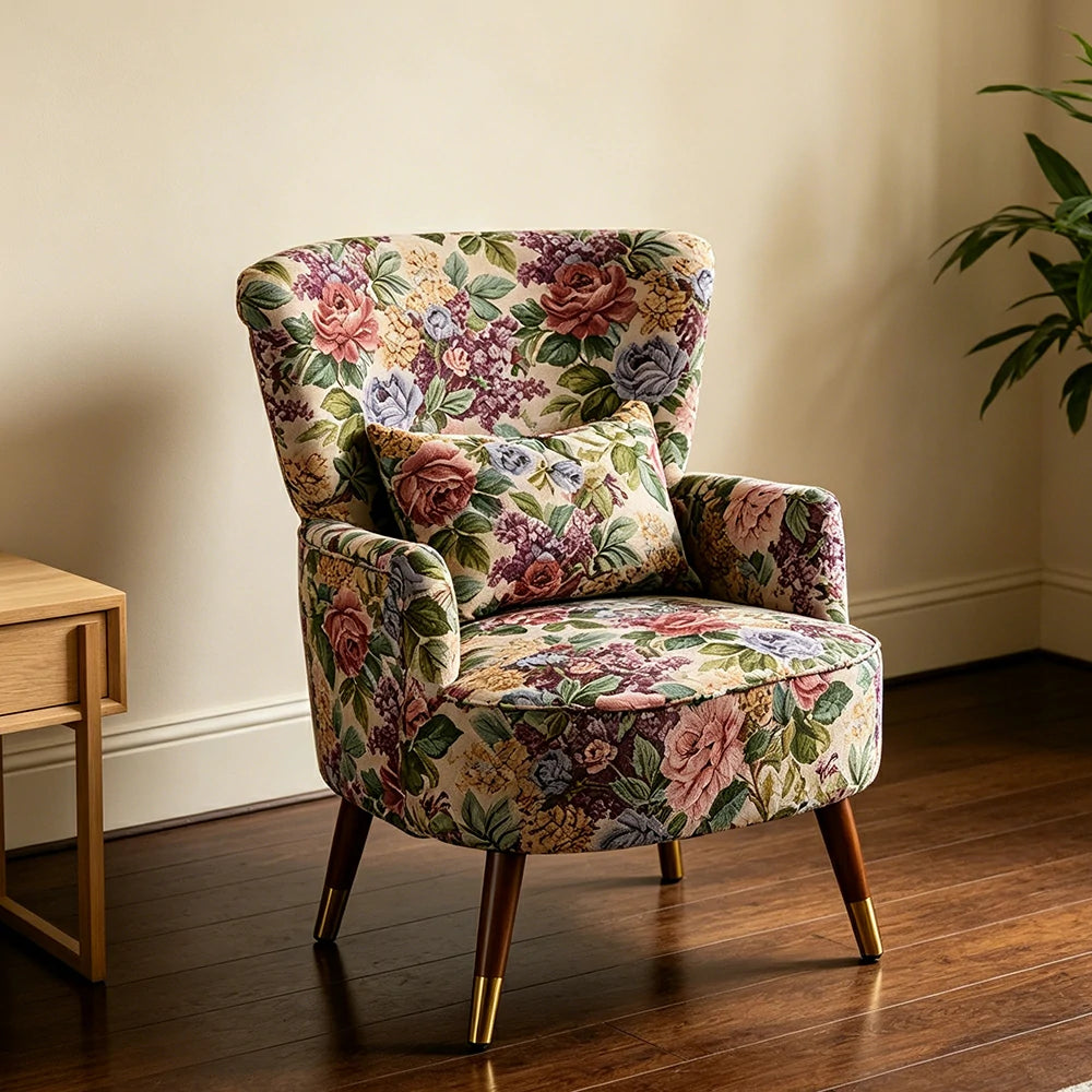 LIVARA High Back Vintage Peony Lounge Chair with Solid Wood Legs for Living Room - Blue Floral