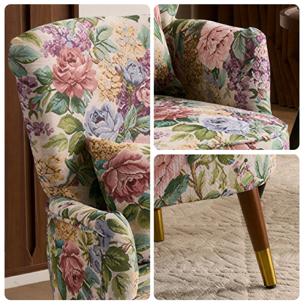 LIVARA High Back Vintage Peony Lounge Chair with Solid Wood Legs for Living Room - Blue Floral