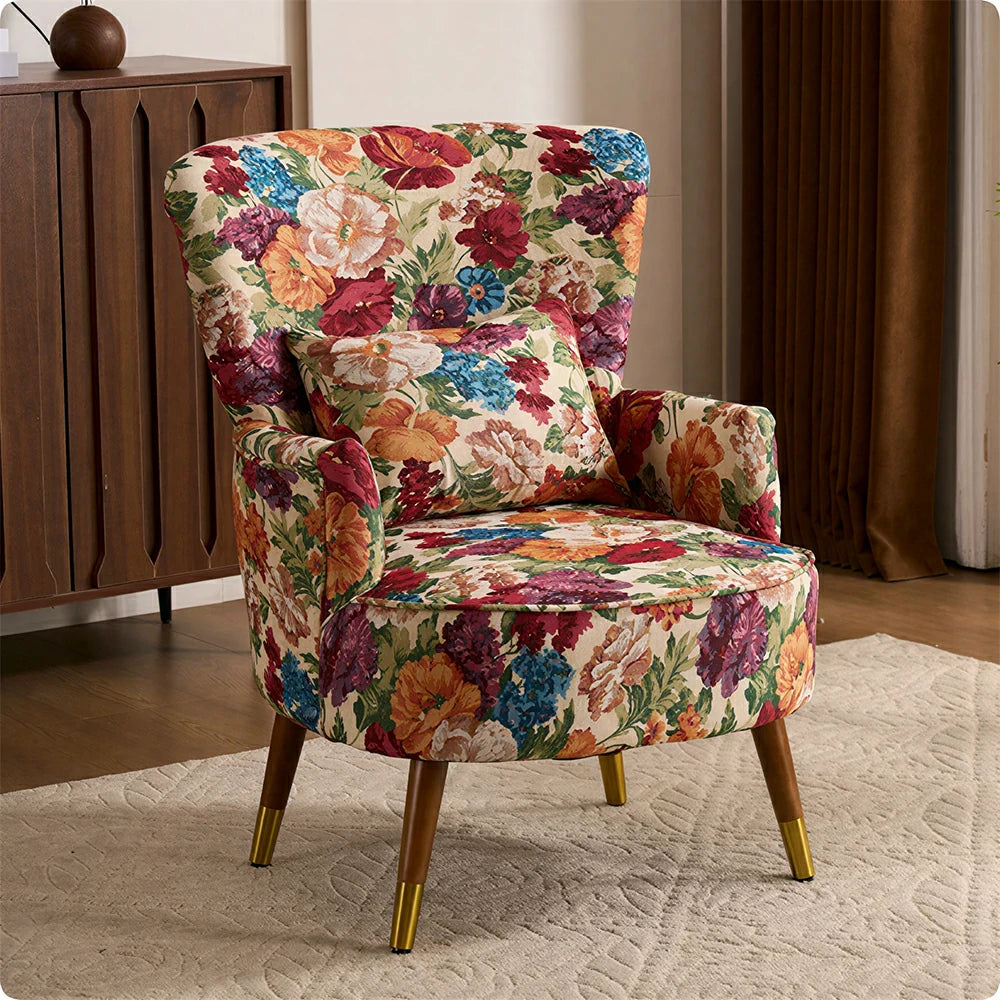 LIVARA High Back Vintage Peony Lounge Chair with Solid Wood Legs for Living Room - Pink