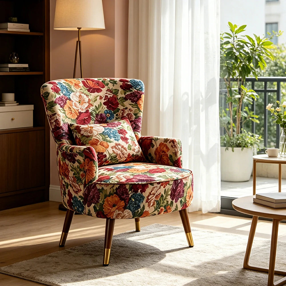 LIVARA High Back Vintage Peony Lounge Chair with Solid Wood Legs for Living Room - Pink