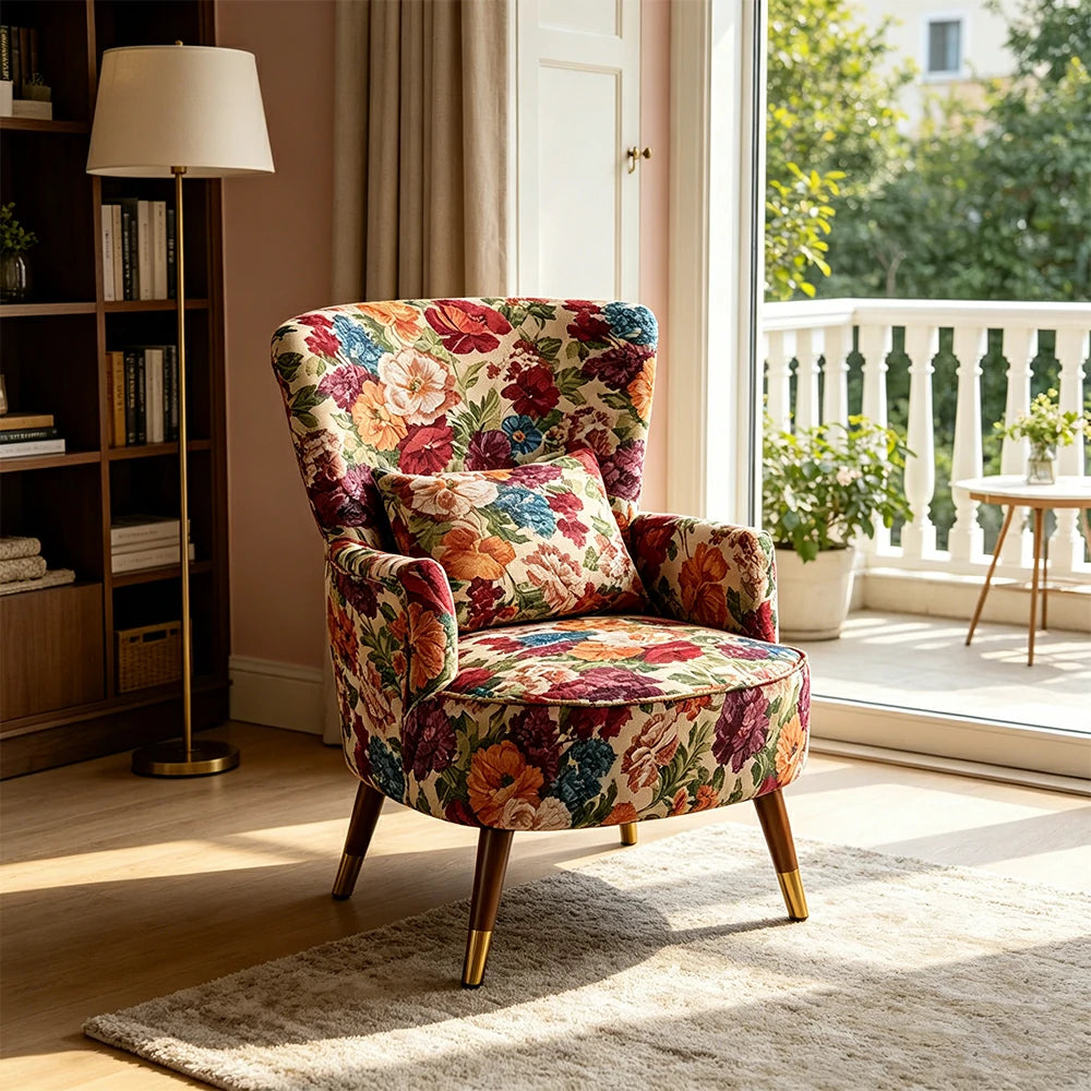 LIVARA High Back Vintage Peony Lounge Chair with Solid Wood Legs for Living Room - Pink