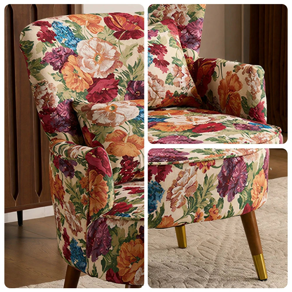 LIVARA High Back Vintage Peony Lounge Chair with Solid Wood Legs for Living Room - Pink