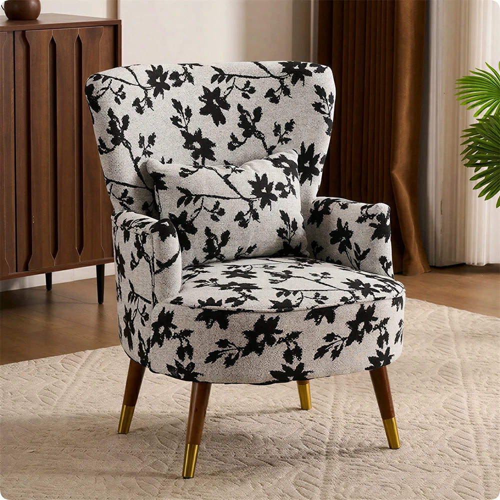 LIVARA High Back Vintage Peony Lounge Chair with Solid Wood Legs for Living Room -Grey