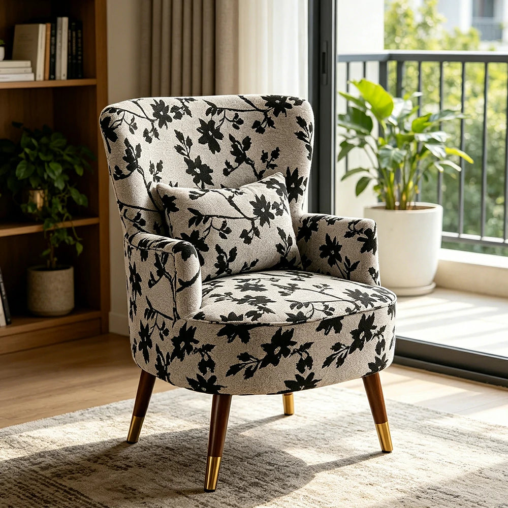 LIVARA High Back Vintage Peony Lounge Chair with Solid Wood Legs for Living Room -Grey