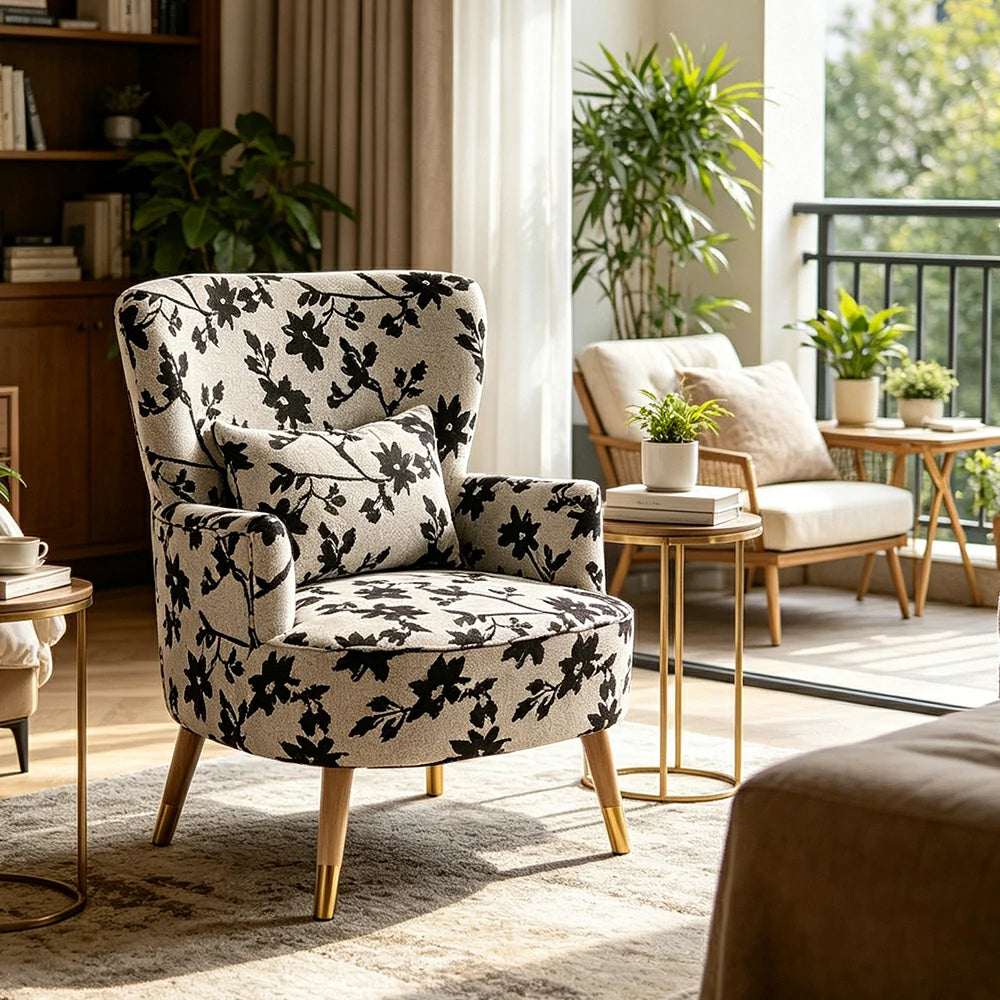 LIVARA High Back Vintage Peony Lounge Chair with Solid Wood Legs for Living Room -Grey