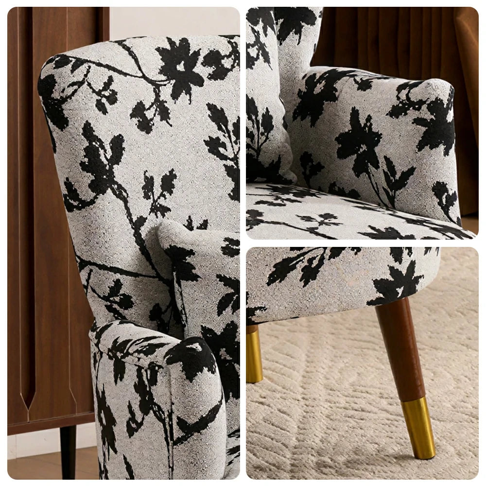 LIVARA High Back Vintage Peony Lounge Chair with Solid Wood Legs for Living Room -Grey