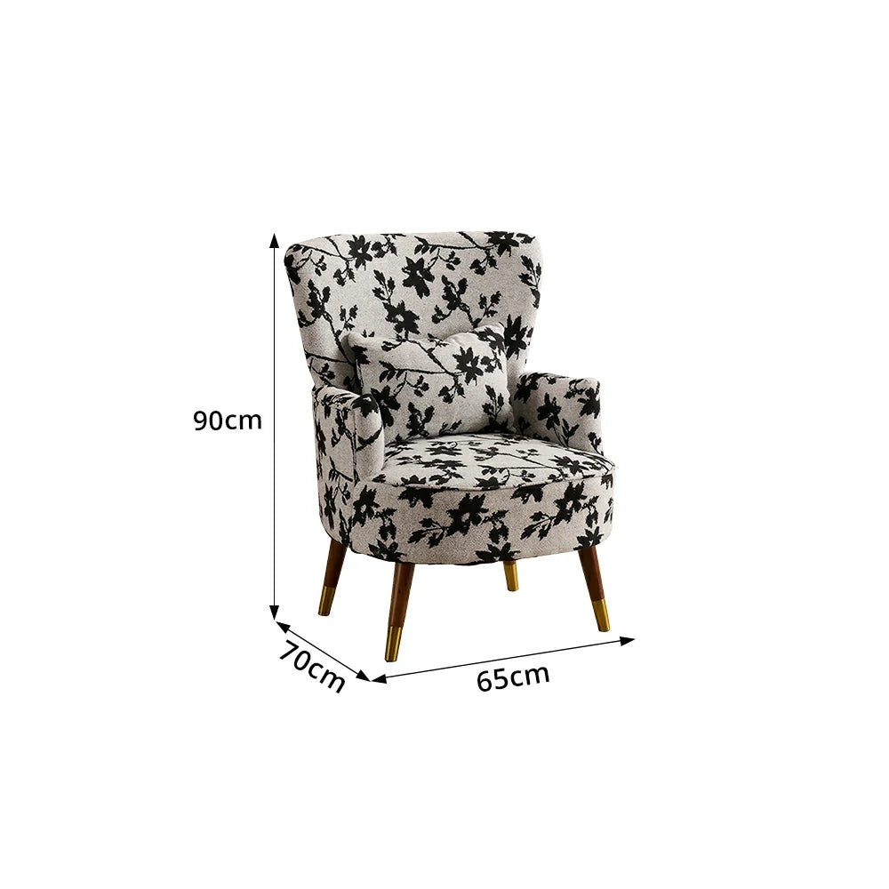 LIVARA High Back Vintage Peony Lounge Chair with Solid Wood Legs for Living Room -Grey